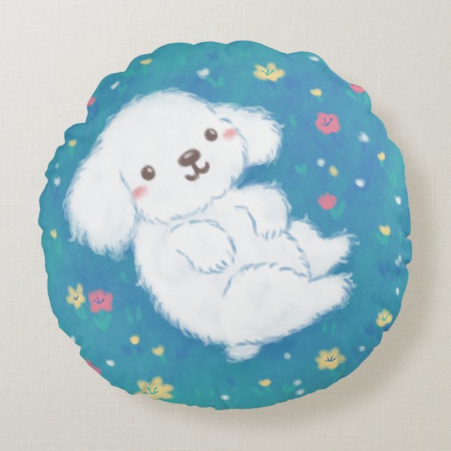 Cute Puppy with Flowers Round Pillow (Front)