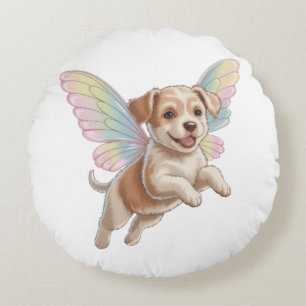 Cute Puppy with Glowing Fairy Wings — Magical Pet Round Pillow