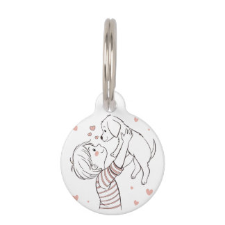 Cute Puppy with Happy Kid Cartoon Pet Tag