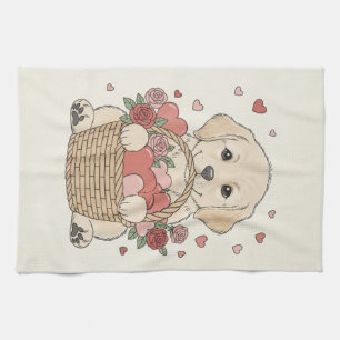 Cute Puppy with Heart and Rose Basket illustration Kitchen Towel
