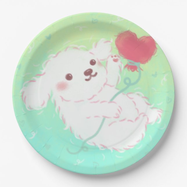 Cute Puppy with Heart Balloon Paper Plate (Front)