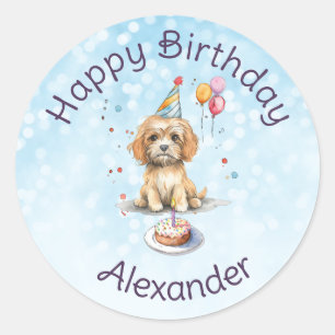 Cute Puppy with Party Hat Birthday Classic Round Sticker
