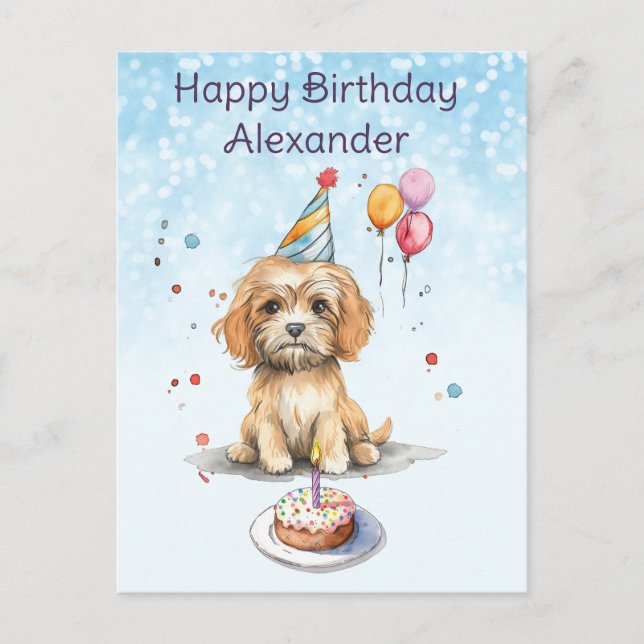 Cute Puppy with Party Hat Birthday Postcard (Front)