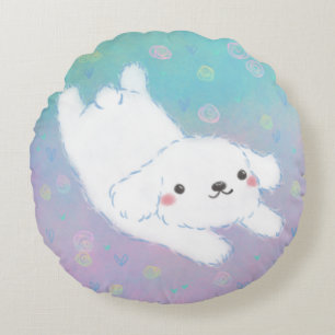 Cute Puppy with Pastel Flowers Round Pillow
