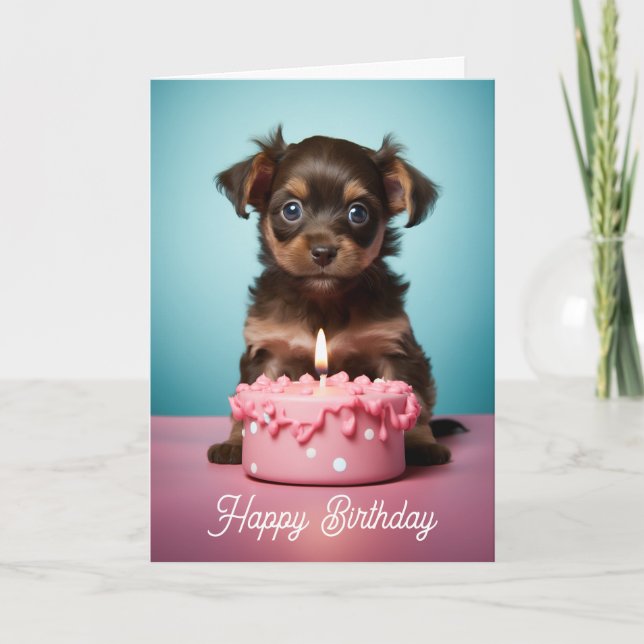 Cute Puppy with Pink Cake Dog Birthday Card (Front)