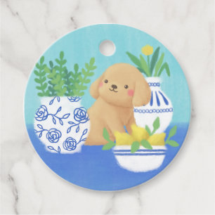 Cute Puppy with Plants, Lemons & Flower Favour Tags