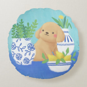 Cute Puppy with Plants, Lemons & Flower Round Pillow