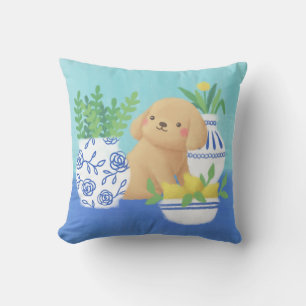 Cute Puppy with Plants, Lemons & Flower Throw Pillow