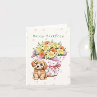 Cute Puppy with Pot of Flowers Sweet Birthday