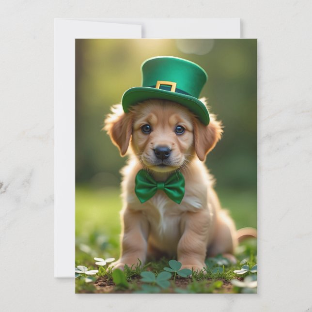 Cute puppy with St. Patrick's outfit, shamrocks  Holiday Card (Front)