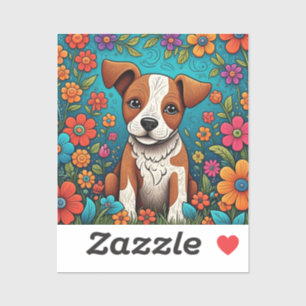 Cute Puppy with Whimsical Folk Art Flowers