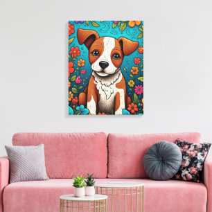 Cute Puppy with Whimsical Folk Art Flowers Canvas Print