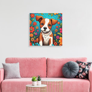 Cute Puppy with Whimsical Folk Art Flowers Canvas Print