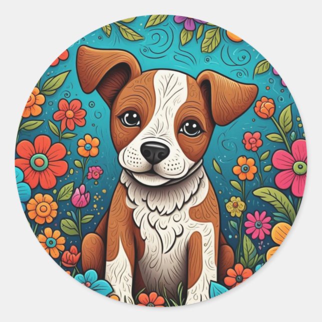 Cute Puppy with Whimsical Folk Art Flowers Classic Round Sticker (Front)