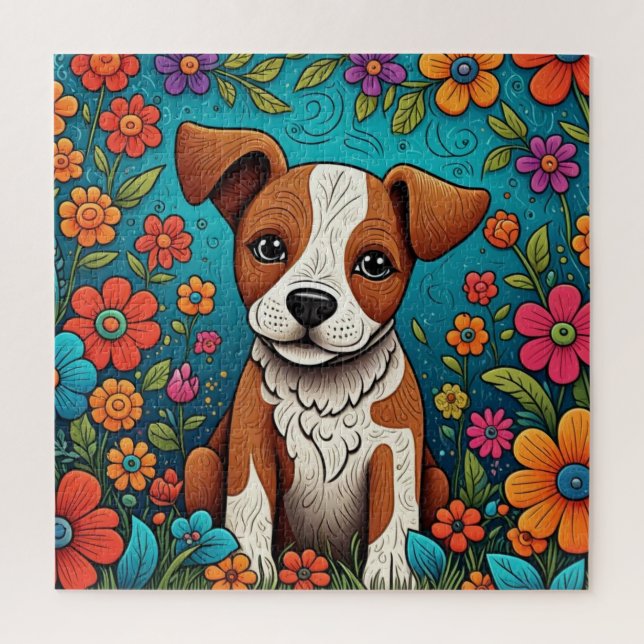 Cute Puppy with Whimsical Folk Art Flowers Jigsaw Puzzle (Vertical)