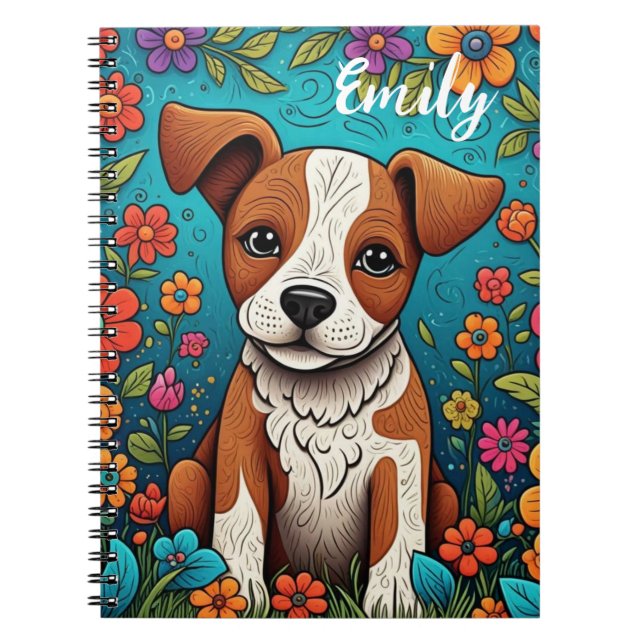 Cute Puppy with Whimsical Folk Art Flowers Notebook (Front)