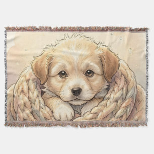 Cute puppy wrapped by knitted blanket