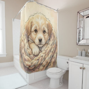 Cute puppy wrapped by knitted blanket