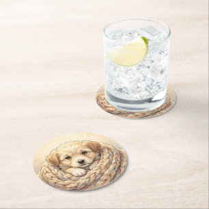 Cute puppy wrapped by knitted blanket round paper coaster