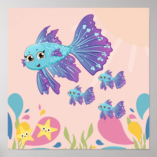 Cute purple and blue fish in ocean scene,  poster (Front)