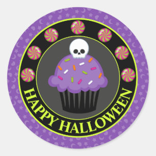 Cute Purple and Green Halloween skull cupcake Classic Round Sticker