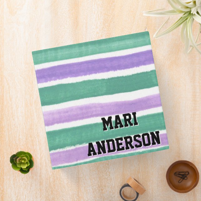 Cute Purple and Green Stripes Modern Personalized Binder (In Situ)