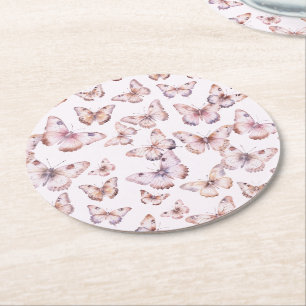Cute Purple and Pink Butterfly Pattern Baby Shower Round Paper Coaster