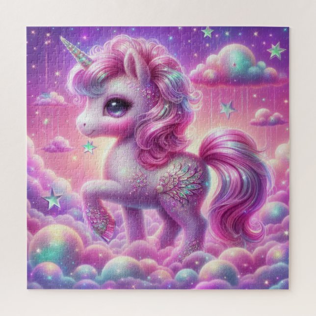 Cute purple and pink glitter bright unicorn jigsaw puzzle (Vertical)