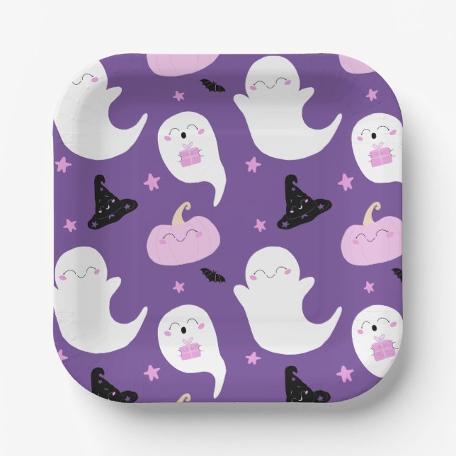 Cute Purple and Pink Halloween Birthday Paper Plate (Front)