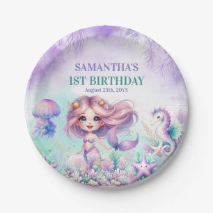 Cute purple and teal mermaid summer 1st birthday paper plate