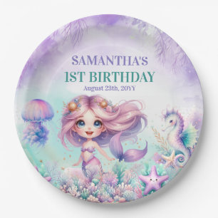 Cute purple and teal mermaid summer 1st birthday paper plate