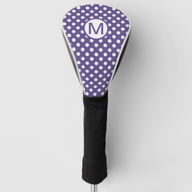 Cute Purple and White Polka Dots Monogram Golf Head Cover (Front)