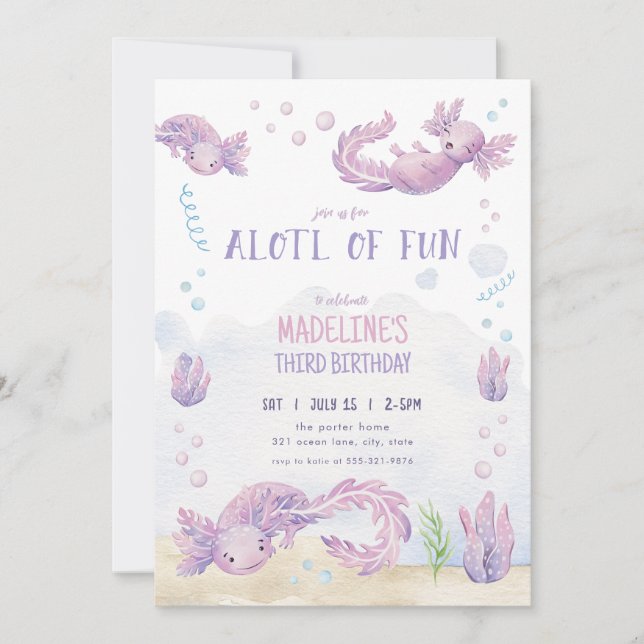 Cute Purple Axolotl Birthday Invitation (Front)