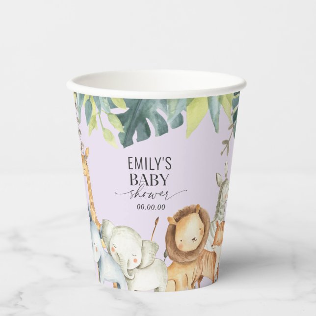 Cute purple baby animals jungle baby shower paper cups (Front)