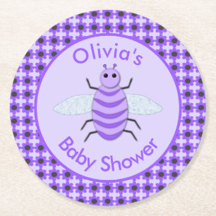 Cute Purple Baby Bee Gender Neutral Baby Shower Round Paper Coaster