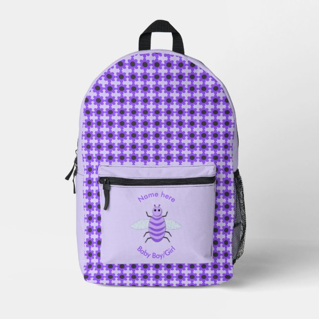 Cute Purple Baby Bee Gender Neutral Custom Printed Backpack (Front)