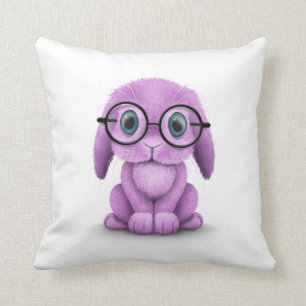 Cute Purple Baby Bunny Wearing Glasses on White Throw Pillow