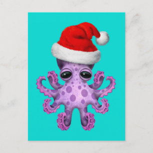 Cute Purple Baby Octopus Wearing Santa Hat Blue Holiday Postcard