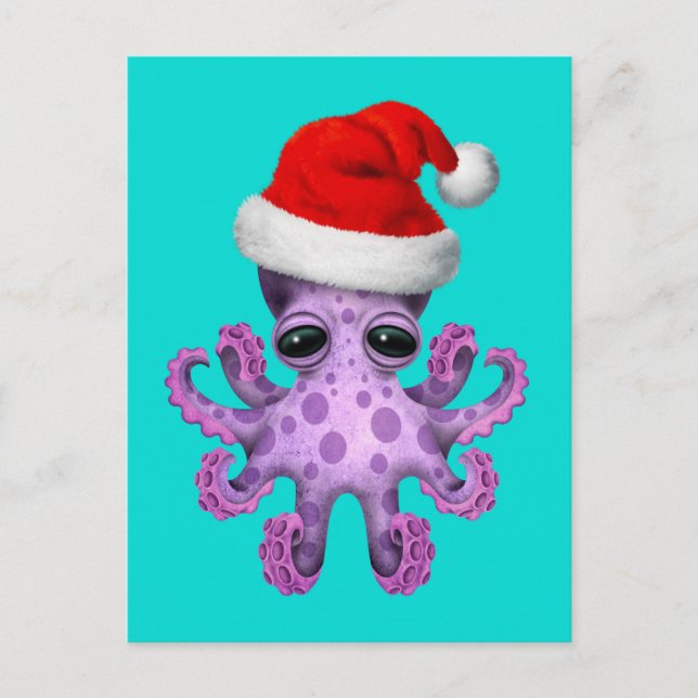 Cute Purple Baby Octopus Wearing Santa Hat Blue Holiday Postcard (Front)