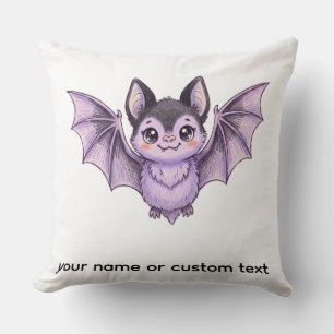 Cute Purple Bat Halloween Coloured Pencil Illustra Throw Pillow