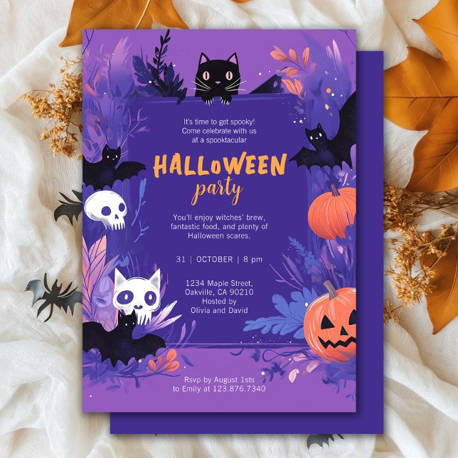 Cute Purple Bats and Cats Halloween Party Invitation (Creator Uploaded)