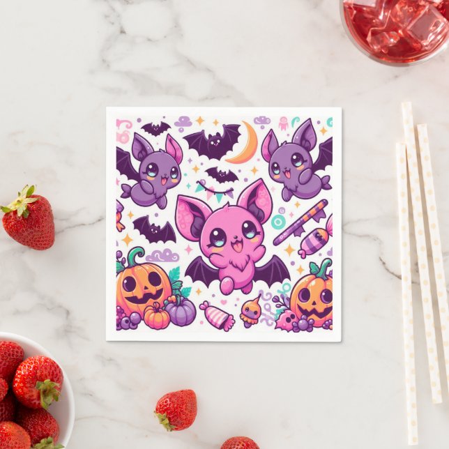 Cute purple bats halloween candy napkin (Insitu)