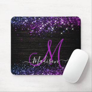 Cute purple black faux glitter monogram mouse pad