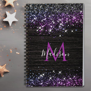 Cute purple black faux glitter monogram notebook