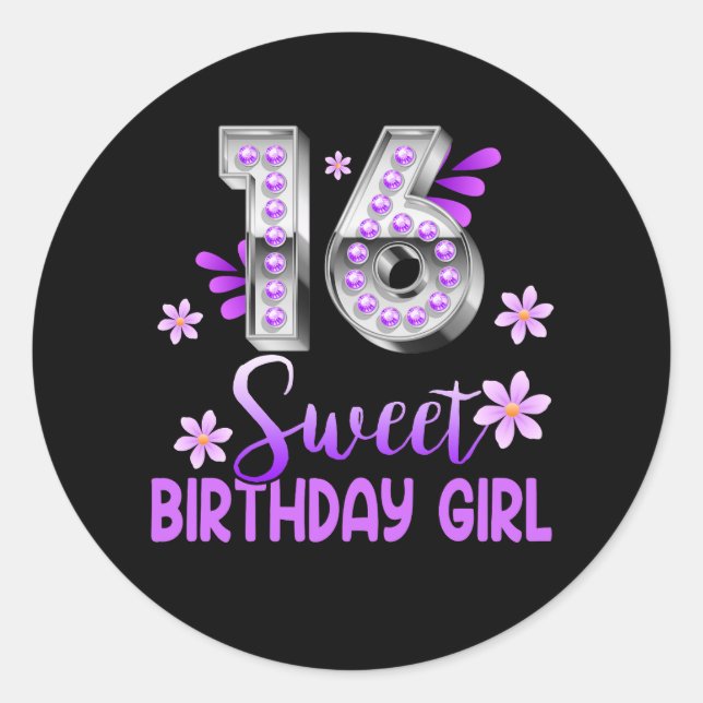 Cute Purple Black Sweet 16 Style I 16th Birthday S Classic Round Sticker (Front)