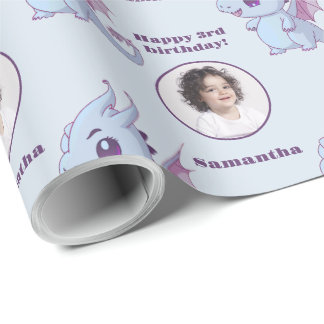 Cute Purple Blue Chibi Dragon Custom Photo Text Wrapping Paper