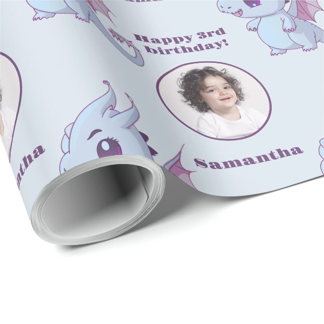 Cute Purple Blue Chibi Dragon Custom Photo Text Wrapping Paper (Roll Corner)
