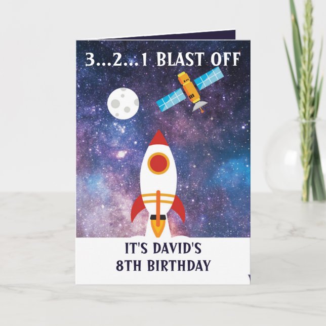 Cute Purple Blue Space Rocket Moon 8th Birthday Card (Front)