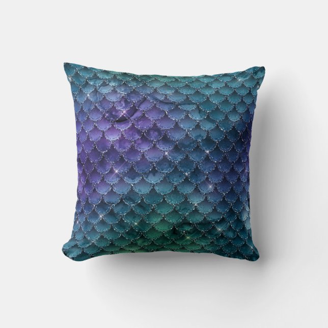 Cute Purple Blue Teal Mermaid Scales Throw Pillow (Front)