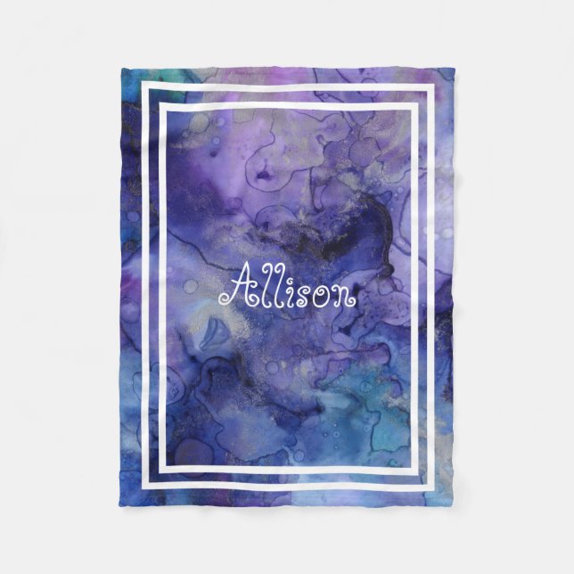 Cute Purple Blue Watercolor Personalized Girls Fleece Blanket (Front)